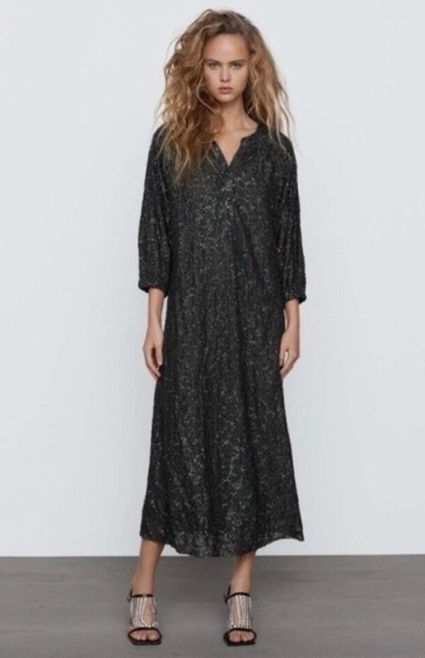Zara Green Sequin Maxi Shirt Dress Small Limited Edition Party Formal Wedding
